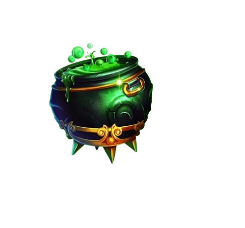 Cauldron symbol - dark green three-legged iron cauldron with bright green glowing potion