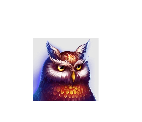 Owl symbol - majestic owl with blue and purple feathers, orange facial details, wearing ornate blue gem headpiece