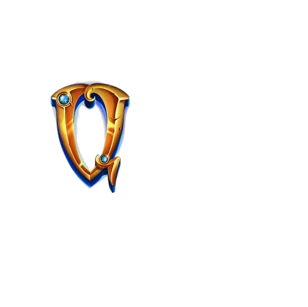 Q symbol - stylized blue letter with golden outline and decorative tail