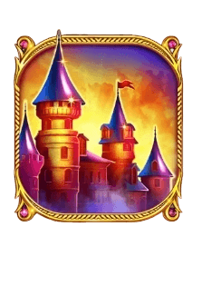 Scatter symbol depicting magical castle with purple and pink towers against mystical orange and yellow sky with aurora lighting effects