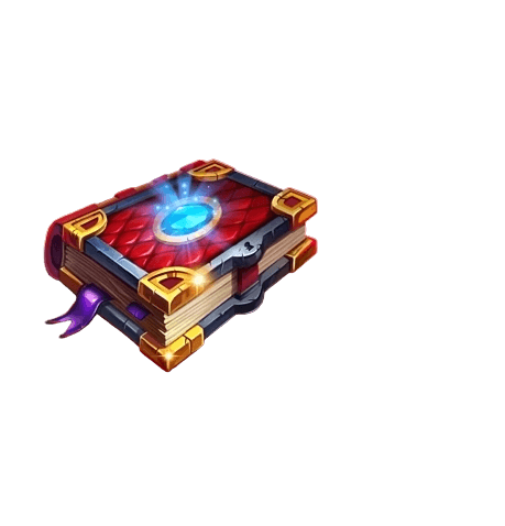 Spell Book symbol - brown leather-bound book with red spine, golden clasps, and glowing blue potion bottle