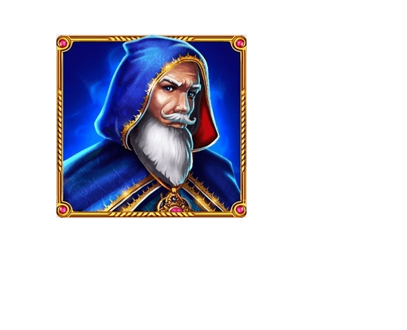 Wild symbol showing Blue Wizard with flowing white beard, blue hooded robe with golden trim, and glowing blue magical aura